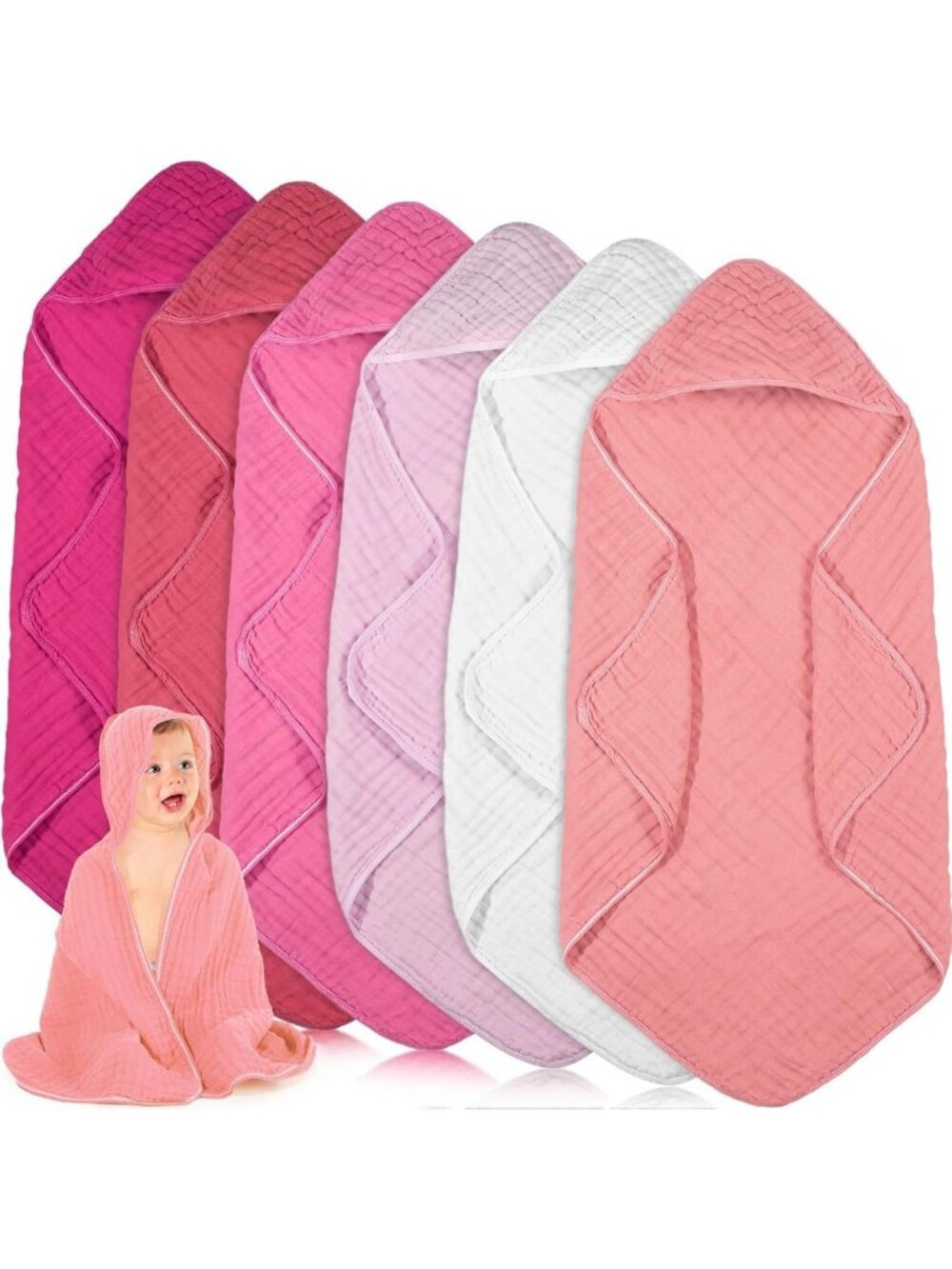 Soft Cotton Muslin Hooded Baby Towels - 6 Pack, Pink, Perfect for Bath Time